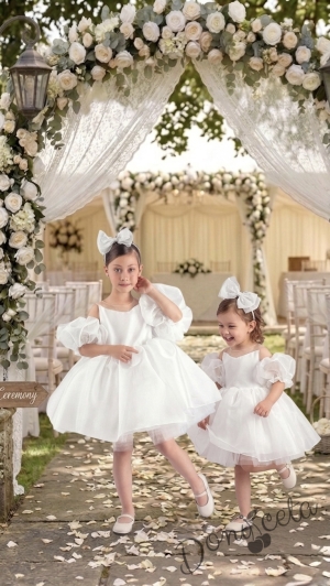 Детска официална рокля с тюл в бяло Даян и панделка за коса за шаферка или кръщене