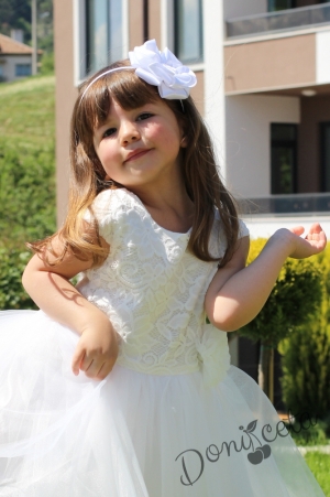 Детска официална рокля Крис от дантела и тюл в бяло от колекция Снежина