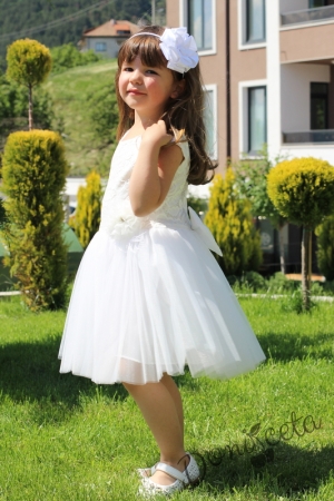 Детска официална рокля Крис от дантела и тюл в бяло от колекция Снежина