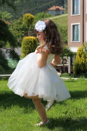 Детска официална рокля Крис от дантела и тюл в бяло от колекция Снежина