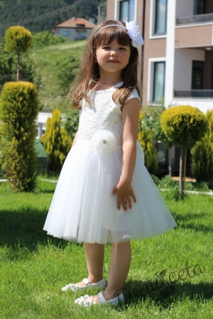 Детска официална рокля Крис от дантела и тюл в бяло от колекция Снежина