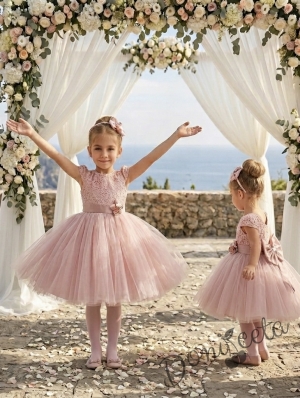 Официална детска рокля с дантела и тюл Златина в пепел от рози и голяма панделка на гърба278ФГТ