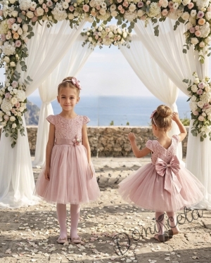 Официална детска рокля с дантела и тюл Златина в пепел от рози и голяма панделка на гърба278ФГТ