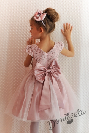 Официална детска рокля с дантела и тюл Златина в пепел от рози и голяма панделка на гърба278ФГТ