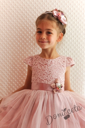 Официална детска рокля с дантела и тюл Златина в пепел от рози и голяма панделка на гърба278ФГТ