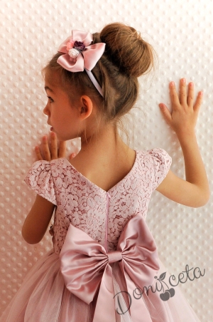 Официална детска рокля с дантела и тюл Златина в пепел от рози и голяма панделка на гърба278ФГТ