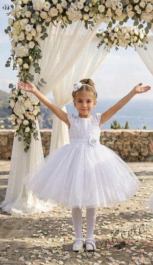 Официална детска рокля в бяло Златина от дантела и тюл за шаферка или кръщене с голяма панделкана гърба  278БТ от колекция Снежина