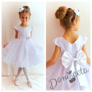 Официална детска рокля в бяло Златина от дантела и тюл за шаферка или кръщене с голяма панделкана гърба  278БТ от колекция Снежина