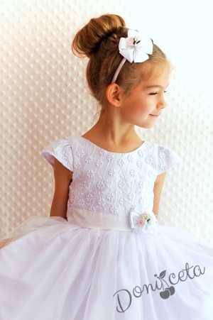 Официална детска рокля в бяло Златина от дантела и тюл за шаферка или кръщене с голяма панделкана гърба  278БТ от колекция Снежина