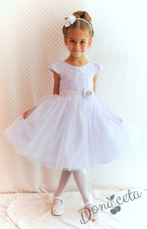 Официална детска рокля в бяло Златина от дантела и тюл за шаферка или кръщене с голяма панделкана гърба  278БТ от колекция Снежина