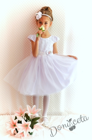 Официална детска рокля в бяло Златина от дантела и тюл за шаферка или кръщене с голяма панделкана гърба  278БТ от колекция Снежина