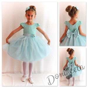 Официална детска рокля Златина в тюркоаз, мента с дантела и тюл и голяма панделка на гърба