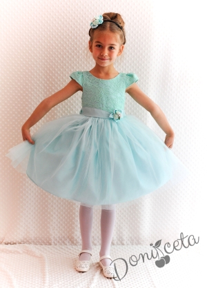 Официална детска рокля Златина в тюркоаз, мента с дантела и тюл и голяма панделка на гърба