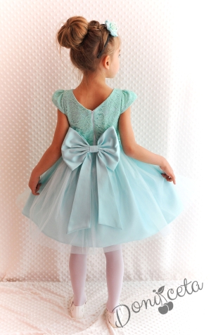 Официална детска рокля Златина в тюркоаз, мента с дантела и тюл и голяма панделка на гърба