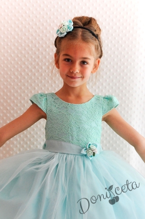 Официална детска рокля Златина в тюркоаз, мента с дантела и тюл и голяма панделка на гърба