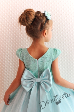 Официална детска рокля Златина в тюркоаз, мента с дантела и тюл и голяма панделка на гърба