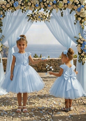 Празнична детска рокля Златина в светлосиньо с дантела и тюл с къс ръкав от колекция Светлосияна