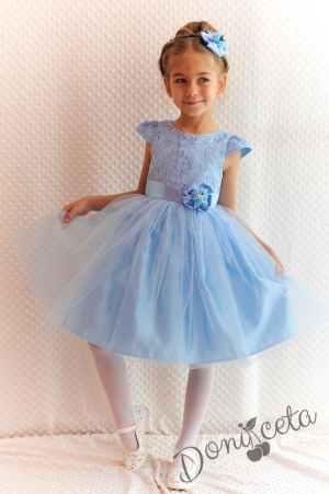 Празнична детска рокля Златина в светлосиньо с дантела и тюл с къс ръкав от колекция Светлосияна