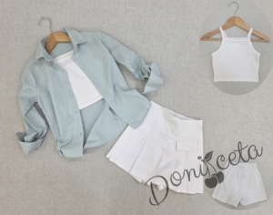 Летен комплект за момиче от 3 части - риза с дълъг ръкав в тюркоаз, бял топ и пола-панталон в бяло