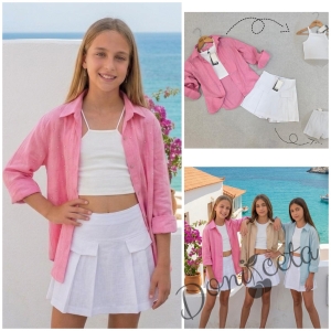 Комплект за момиче от 3 части - риза с дълъг ръкав в розово, бял топ и пола-панталон в бяло