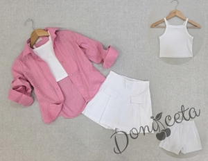 Комплект за момиче от 3 части - риза с дълъг ръкав в розово, бял топ и пола-панталон в бяло