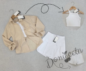 Комплект за момиче от 3 части - риза с дълъг ръкав в бежово, бял топ и пола-панталон в бяло