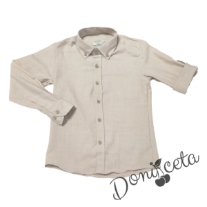 Детски комплект за момче от 2 части-риза с дълъг ръкав в бежово с яка и панталон в бежово