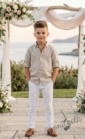 Детски комплект за момче от 2 части-риза с дълъг ръкав в бежово с яка и панталон в бяло