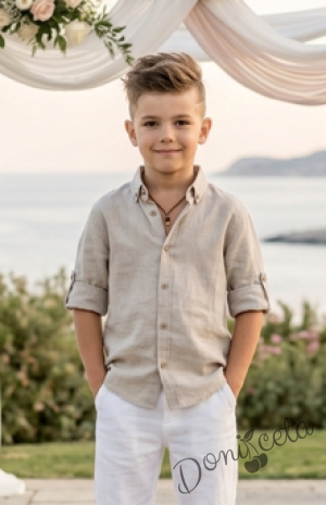 Детска риза за момче с дълъг ръкав в бежово с яка и копчета в бежово