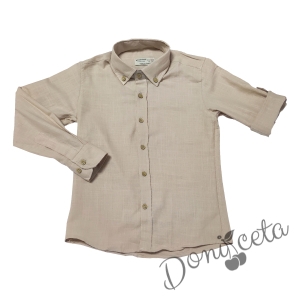 Детска риза за момче с дълъг ръкав в бежово с яка 1