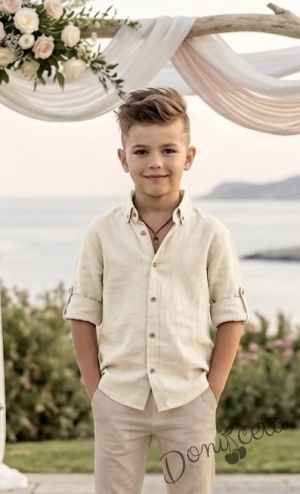 Детска лятна риза за момче с дълъг ръкав в екрю с копчета в бежово