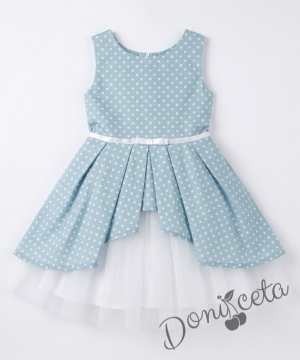 Детска официална рокля  Надежда на точки в светлосиньо тип клош с бял тюл 