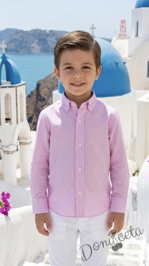 Официална детска риза с яка с дълъг ръкав в розово с бели копчета от колекция Розовина