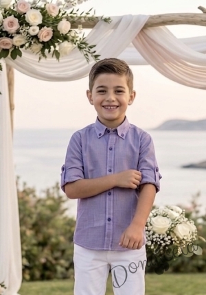  Официална детска риза с яка с дълъг ръкав в лилаво с лилави копчета