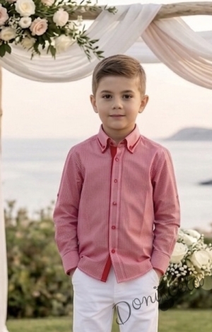 Официална детска риза с яка с дълъг ръкав в червено на чертички в бяло