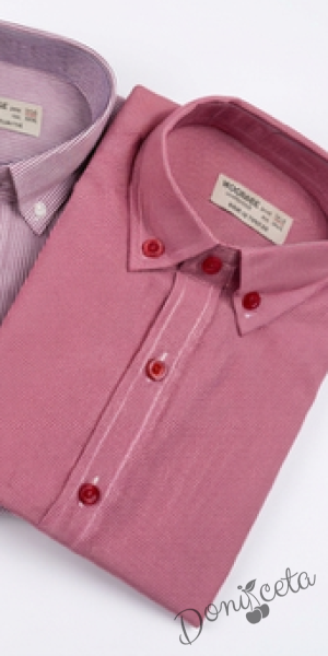 Официална детска риза с яка с дълъг ръкав в червено на чертички в бяло