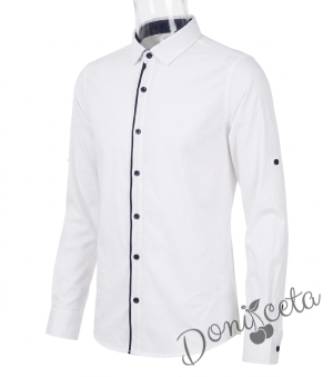 Детска официална риза в бяло с дълъг ръкав за момче с копчета в черно