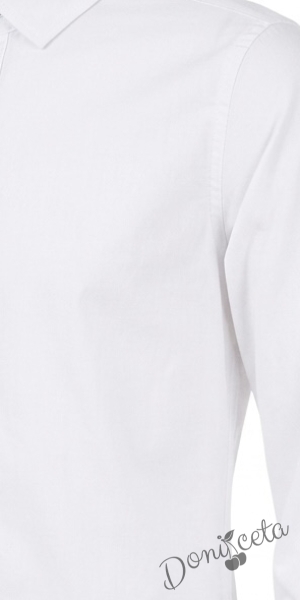 Детска официална риза в бяло с дълъг ръкав за момче с копчета в черно