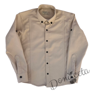 Детски комплект за момче от 2 части-риза с дълъг ръкав в бежово с яка с копчета в черно и панталон в бяло