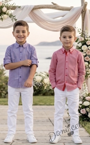 Детски комплект за момче от 2 части-риза с дълъг ръкав в лилаво на райе с яка и панталон в бяло