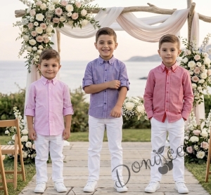 Детски комплект за момче от 2 части-риза с дълъг ръкав в лилаво на райе с яка и панталон в бяло