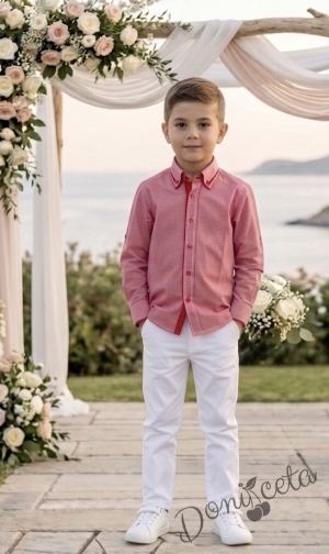 Детски комплект за момче от 2 части-риза с дълъг ръкав в червено на райе с яка и панталон в бяло