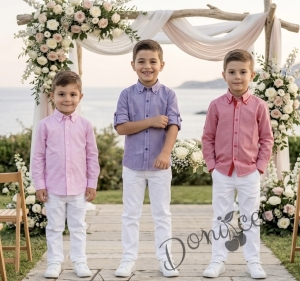 Детски комплект за момче от 2 части-риза с дълъг ръкав в розово на райе с яка и панталон в бяло