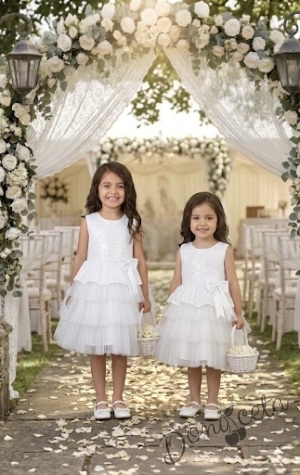 Детска официална рокля в бяло с пайети с тюл на пластове Валериа