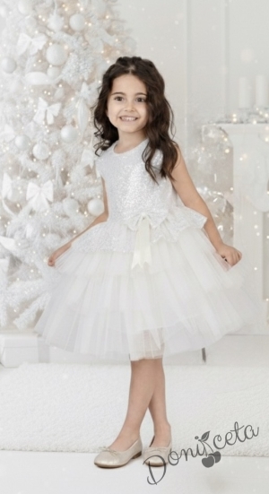Детска официална рокля в бяло с пайети с тюл на пластове Валериа