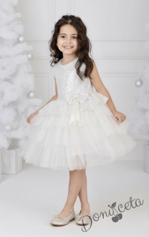 Детска официална рокля в бяло с пайети с тюл на пластове Валериа