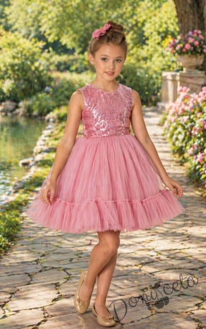 Официална детска рокля в нежен розов цвят без ръкави с пайети и тюл на много пластове