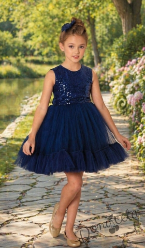 Официална детска рокля в тъмносин цвят без ръкави с пайети и тюл на много пластове