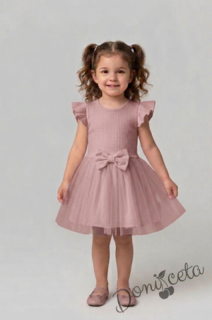 Ежедневна детска рокля с къс ръкав в пепел от рози с къдрички и тюл в долната част Оливия