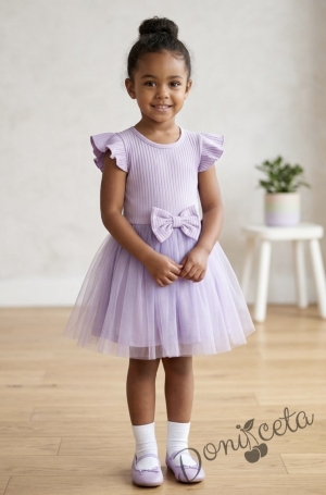 Ежедневна детска рокля с къс ръкав в лилаво с къдрички и тюл в долната част Оливия